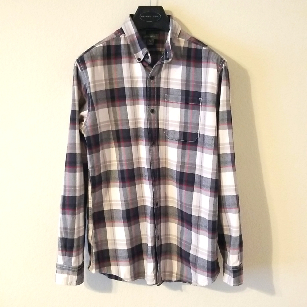 Eddie Bauer White Black and Red Plaid Long Sleeve Button Up Shirt Medium